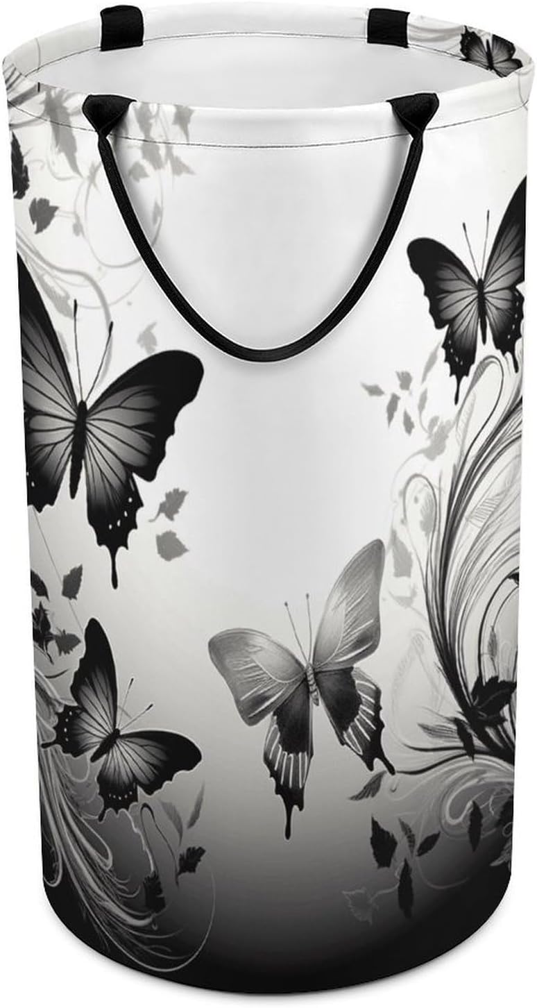 Large Laundry Hamper with Handles Black Gray Butterflies Laundry Basket Freestanding Waterproof Clothes Hamper for Living Room Bedroom Bathroom College Dorm
