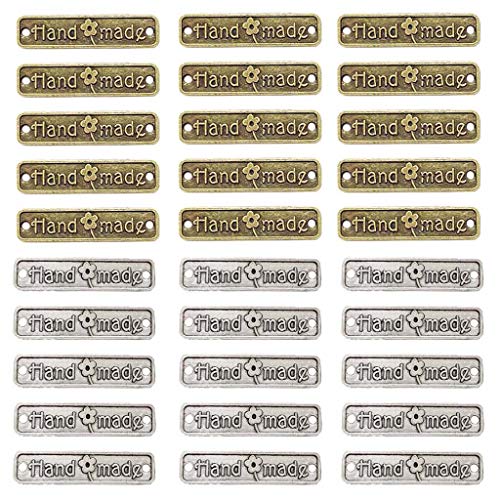 Juland 60PCS Handmade Metal Tags Alloy Hand Made Pendant Bead Charm Metal Label Tag Signs for DIY Jewelry Making Crafts Findings Gift – 25x6mm - Rectangle Silver+ Bronze