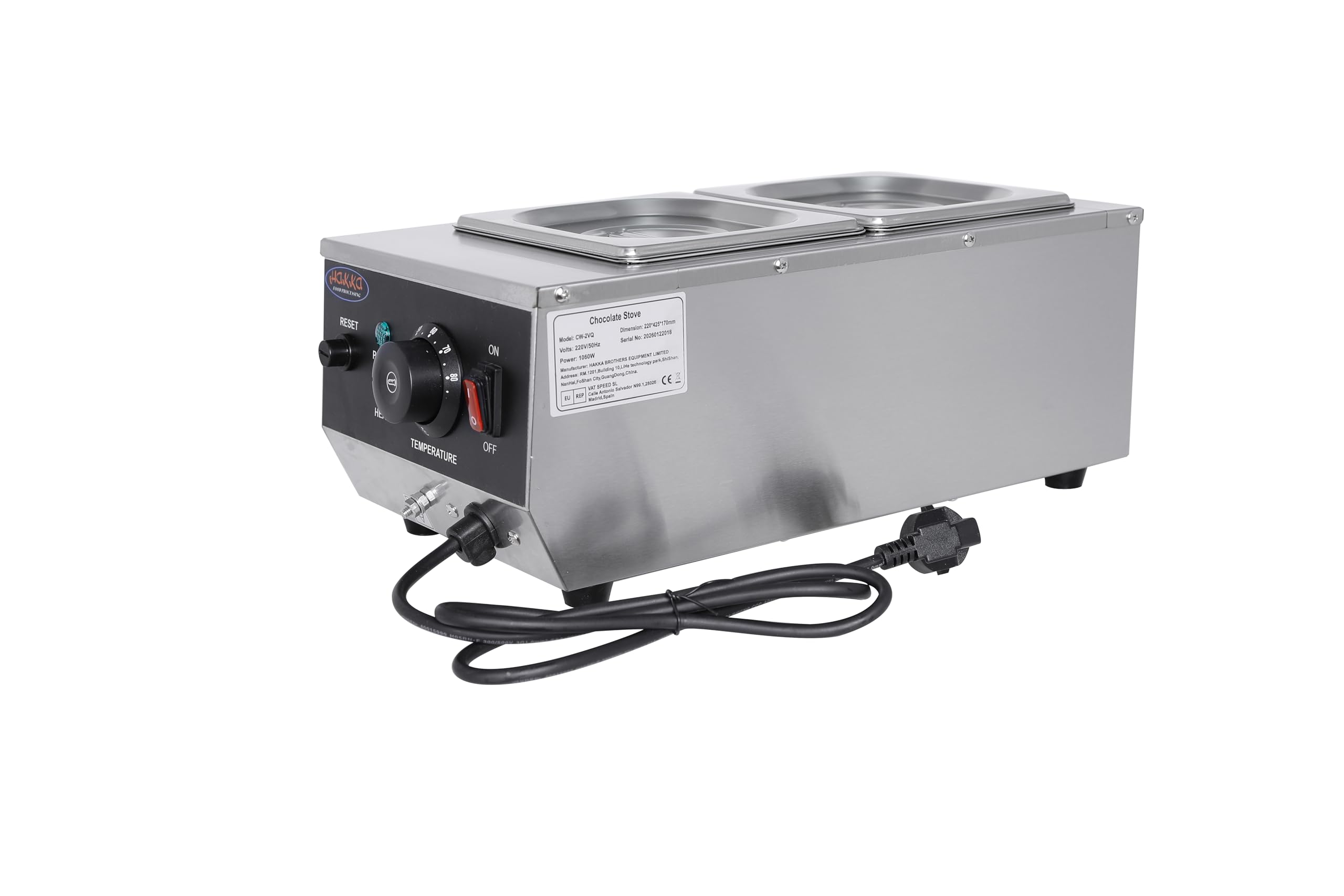 Hakka Tempéreuse à Chocolat, 1060W Fondoir à Chocolat Commercial avec Température Réglable 30~85℃, 2x1/6 GN Pans, Machine à Fondre et Chauffer le Chocolat Économe en Énergie pour Boulangerie/Café/Rest
