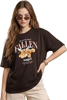 JUNEBERRY ® Women’s Pure Cotton Oversized Baggy Fit Drop Shoulder Half Sleeve Round Neck Front Chest Printed T-Shirt (Size... Price In India