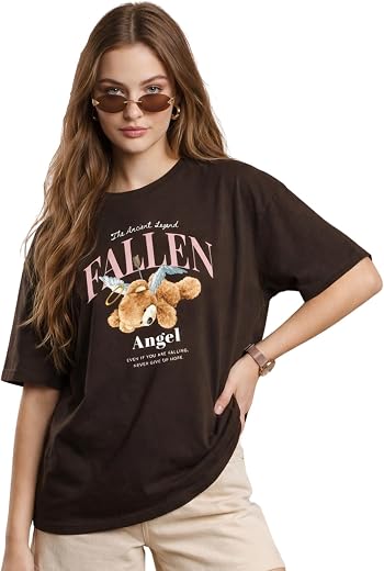 JUNEBERRY ® Women’s Pure Cotton Oversized Baggy Fit Drop Shoulder Half Sleeve Round Neck Front Chest Printed T-Shirt (Size...