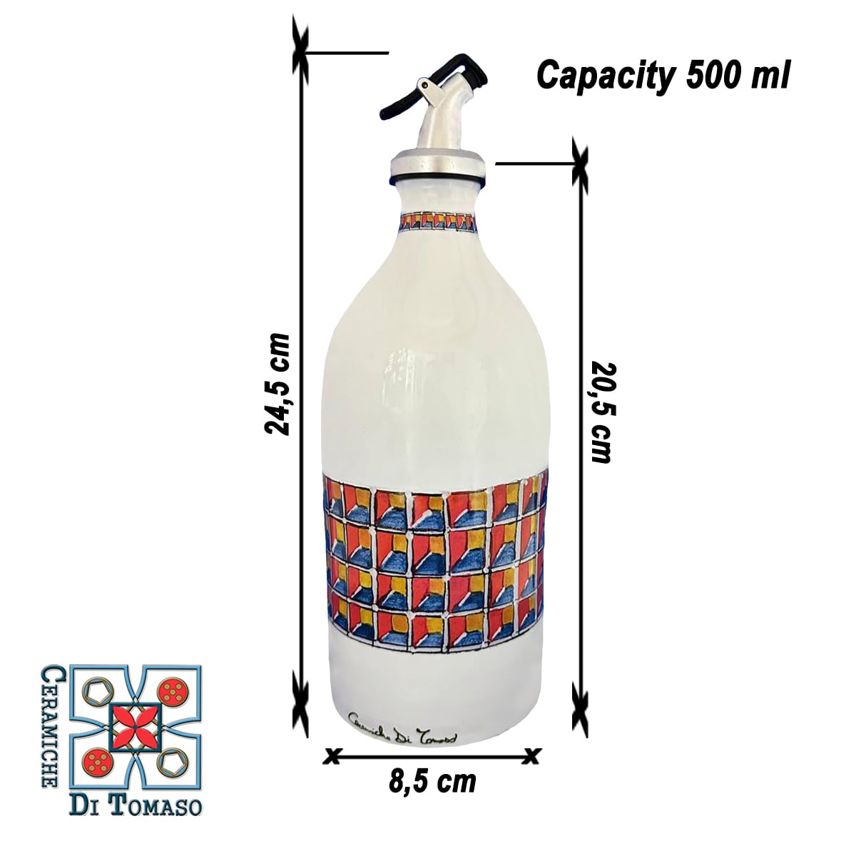 CERAMICHE DI TOMASO Oliera da Tavola in Ceramica per Olio, Aceto e Altri liquidi, con Dosatore Salvagoccia, Protegge l'olio per ridurre l'ossidazione - 500 ml - Facile da Pulire