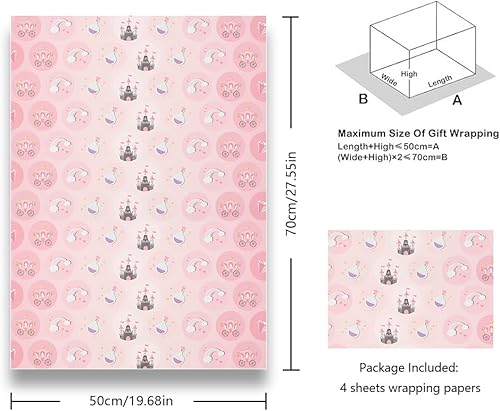 Miniatura 2 de Papel de regalo rosa, 4 hojas plegadas, papel de estraza para envolver cumpleaños, castillo, carruaje, cuentos de hadas, papel mágico de regalo de
