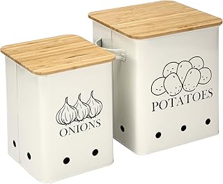 Lot de 2 boîtes de rangement pour pommes de terre, oignons, avec couvercle en bois, longue durée de vie - Blanc