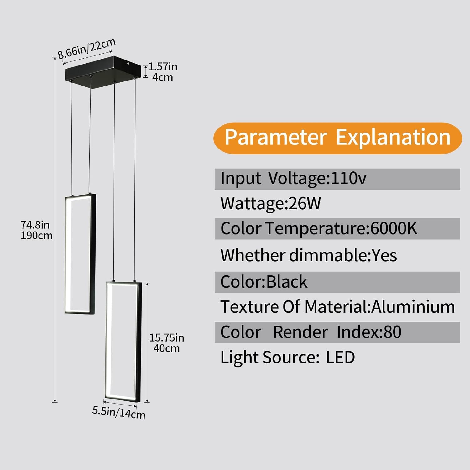 Modern Kitchen Pendant Light Fixture Black 18W LED Pendant Light 2 Rings Rectangle Chandelier Pendant Lighting for Kitchen Island Living Room Dining Room Bedroom