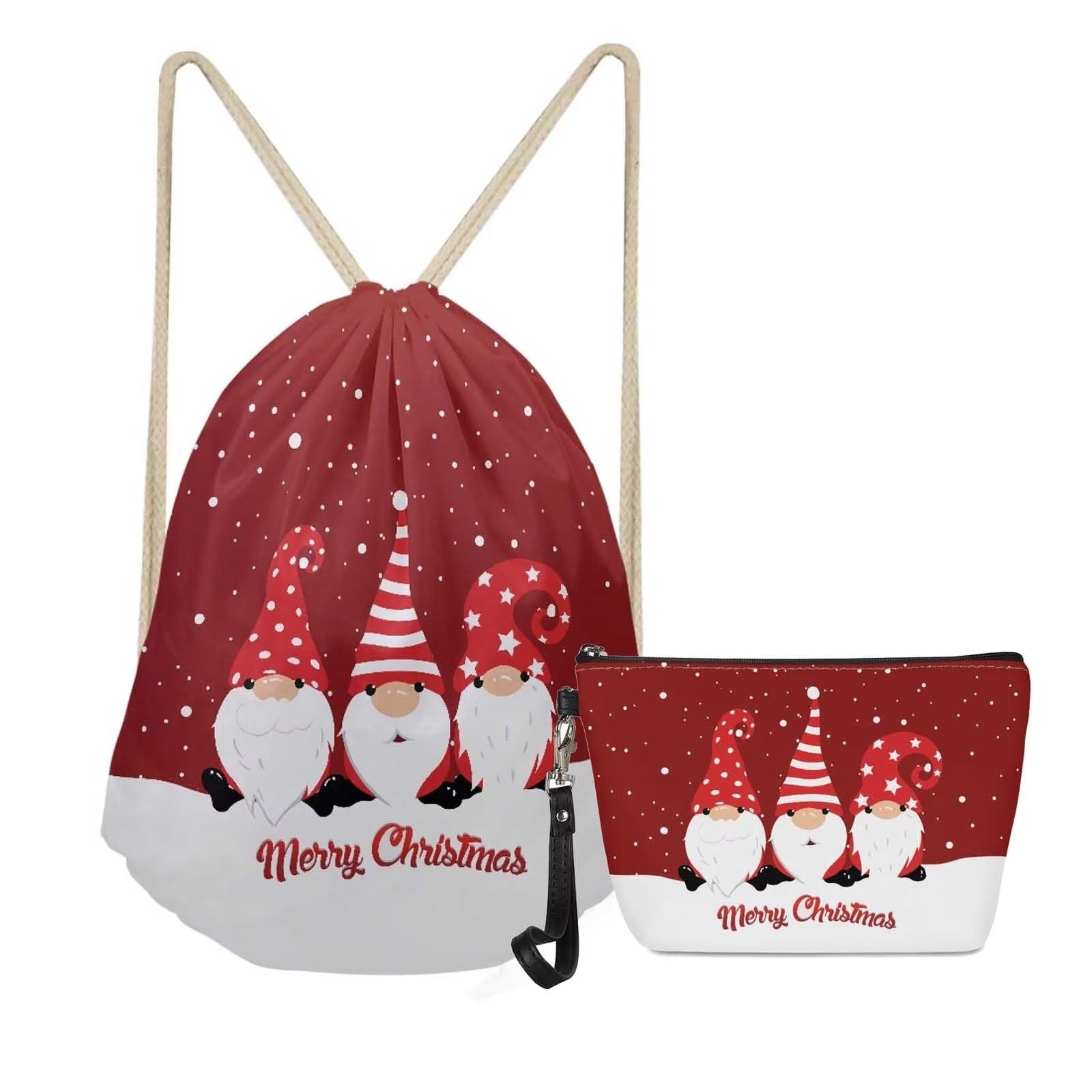 SEANATIVE 2 Pack Drawstring Backpack Set for Women Girls Cute Christmas Gnome Print Kids Gym String Bag Bag Sports Backpack and Waterproof Coin Pouch