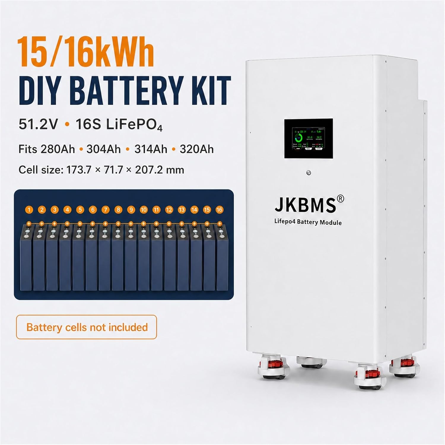 JKBMS JKLR015D 51.2V 16S LiFePO4 DIY Battery Box Kit, Rolling Cabinet