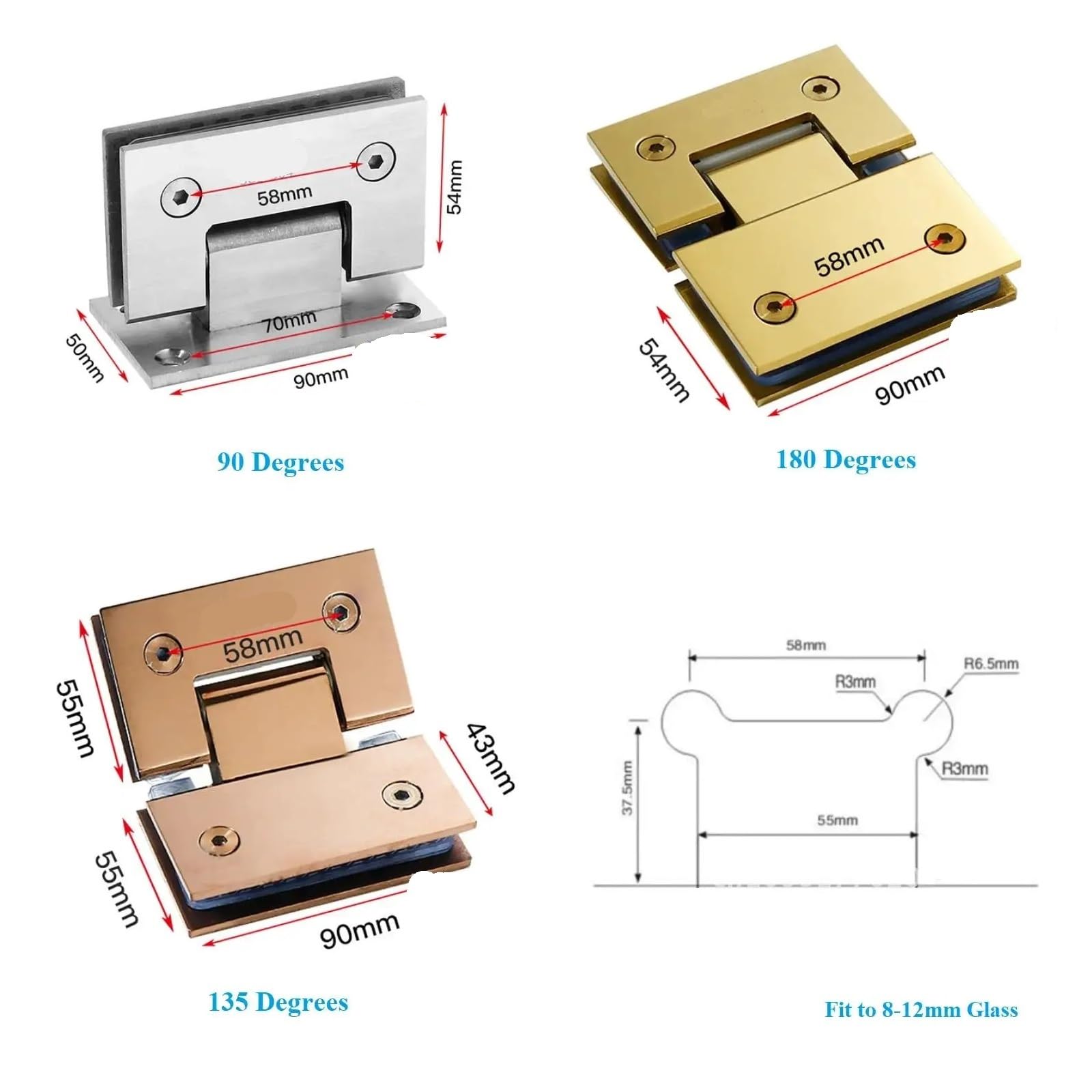 Bisagra Ducha Bisagra de acero inoxidable for mampara ducha, 2 unidades, con cepillo, for puerta cristal, 180, 90 y 135 grados, for baño(Brushed Steel,90 Degress)