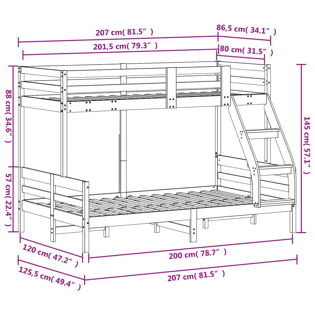 vidaXL Letto a Castello 80x200/120x200 cm in Legno Massello di Pino