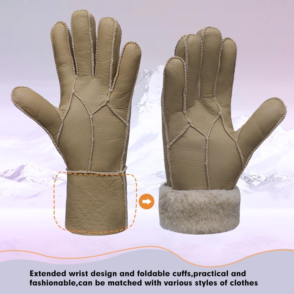 MGGMOKAY Women Leather Gloves Shearling Sheepskin Winter Warm Gloves Fur Lined - Image 5