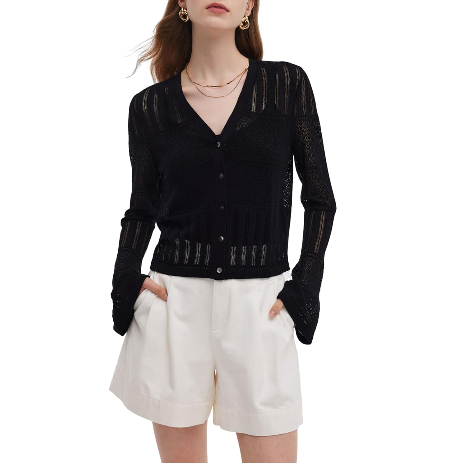 GOELIA Womens Lightweight Crochet Cardigan Tencel V-Neck Long Flared Sleeves Button Up Shrugs Elegant Openwork Knit Sweaters