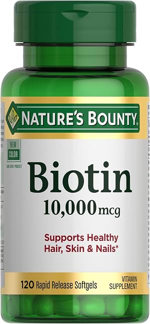 Nature's Bounty Biotina para Cabello, Piel y Uñas, 120 perlas | Apoya el cabello, la piel y las uñas saludables, 10,000mcg (Paquete de 1)