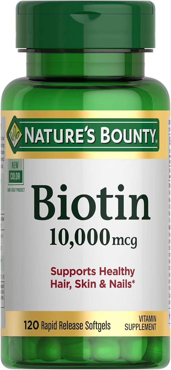 Nature's Bounty Biotina para Cabello, Piel y Uñas, Apoya Cabello, Piel y Uñas Saludables, 10,000 mcg, 120 Cápsulas Blandas (Paquete de 1)