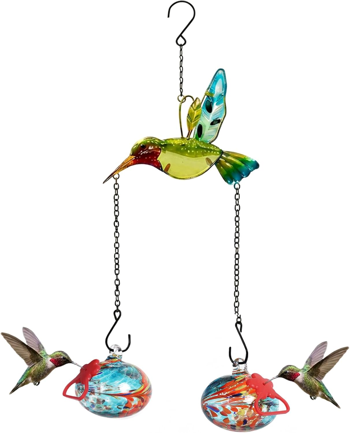 Headak Life Hand Blown Glass Hummingbird Feeder–Unique Hummingbird Feeders for Outdoors Hanging with Hummingbird Orament and Upgraded Sturdy Iron Chains,Hand-Painted Art for Garden Yard Decor