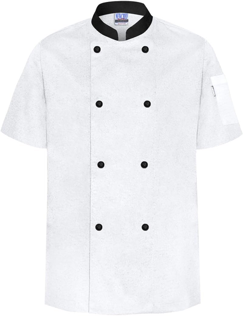 Newchef Fashion White/Black Basic Chef Coat Short Sleeves Male