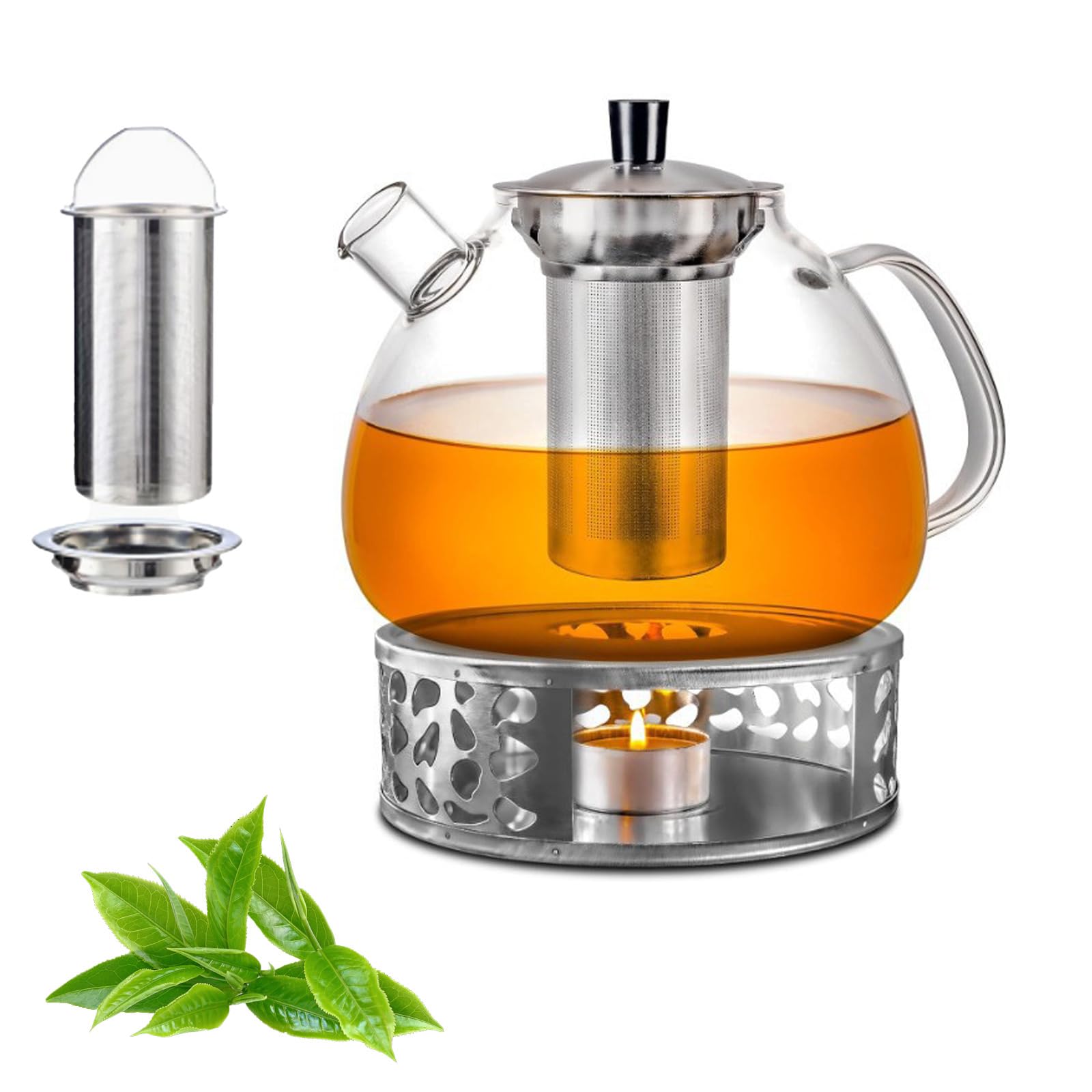 Tetera con Calienta Teteras e Infusor 1500ml, Tetera de Vidrio con Calienta Teteras de Acero Inoxidable, Tetera de Vidrio Borosilicato, Té de Frutas – Tetera de Vidrio para Vitrocerámica y Vela