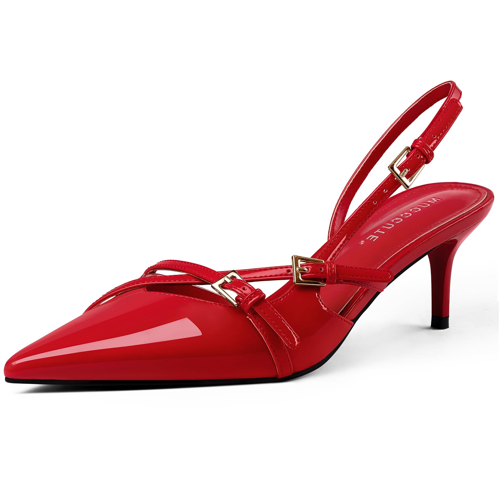 MUCCCUTE Kitten Heels for Women Pointed Toe Slingback Low Heels with Buckle Strap Heeled Pumps