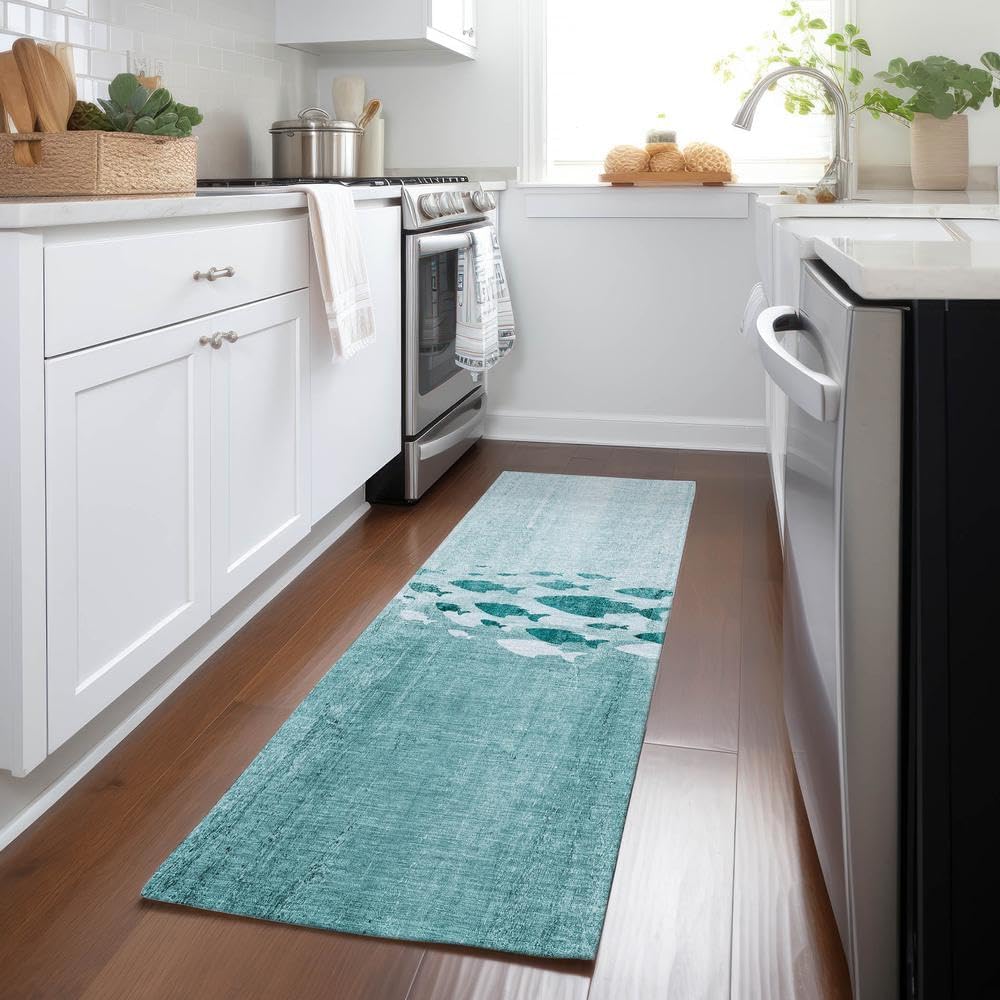 Addison Rugs Chantille ACN627 Teal 2'3" x 7'6" Indoor Outdoor Hallway Runner Rug, Stain Resistant Washable Kitchen Area Carpet for Bathroom, Laundry and Bedroom Rug