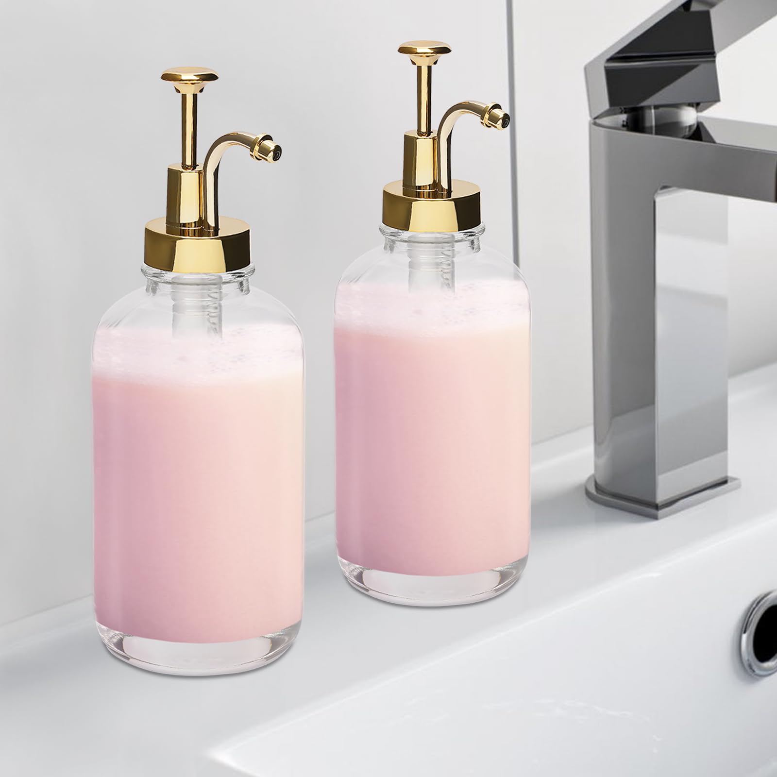2 dispenser per pompa in vetro con imbuto, dispenser trasparente per sciroppi di caffè, bottiglia di sciroppo di vetro con pompa, capacità di ogni dispenser 500 ml