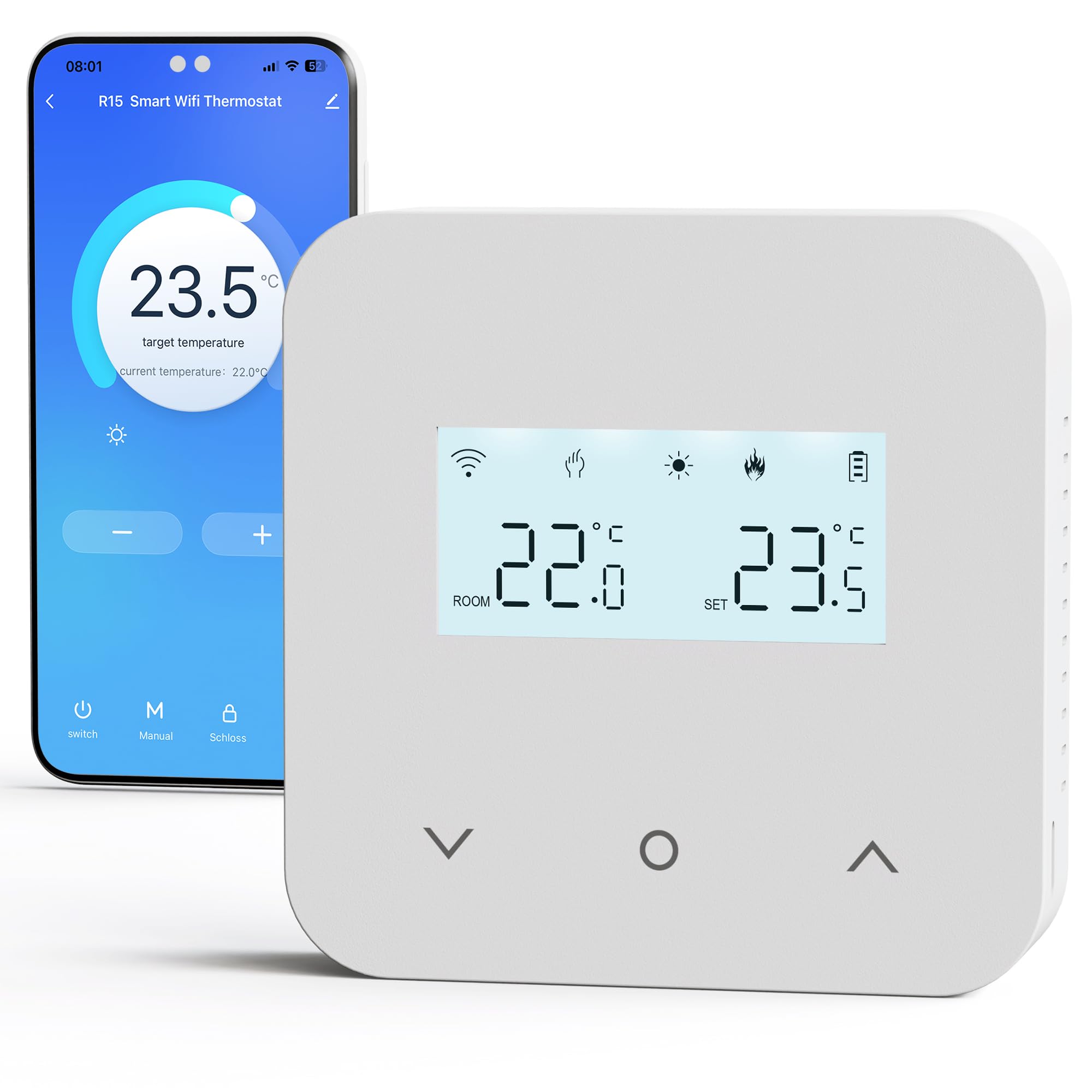 Termostato Wi-Fi con batería, Apto para calderas de Gas de 2 Hilos. termostato programable Diariamente, controlable a través de Tuya o Smart Life. Es Compatible con Google Assistant y Alexa.