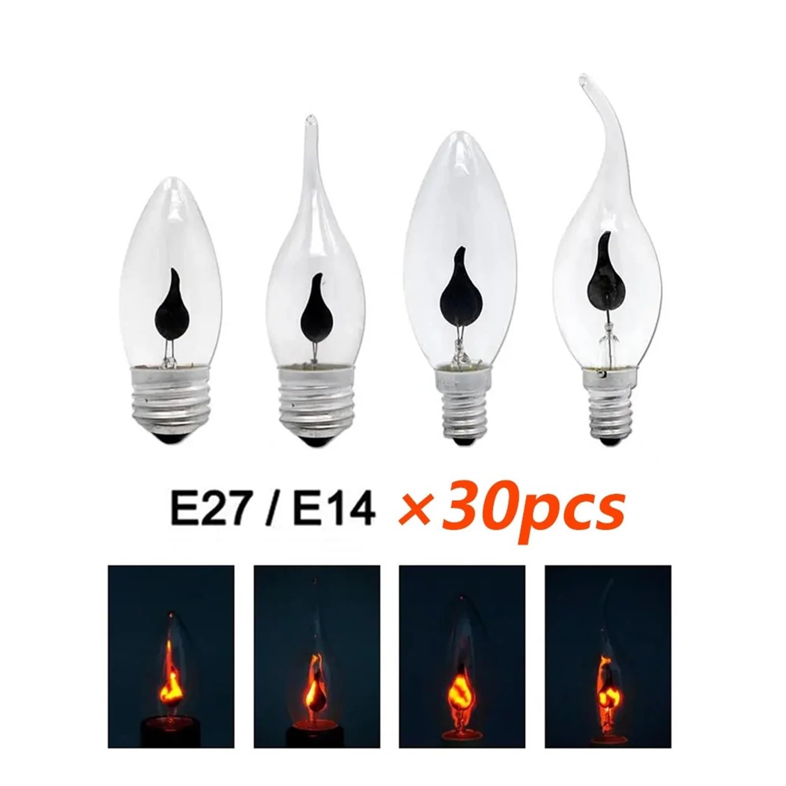 JrEam Lot de 30 Ampoules LED rétro E27/E14, 3 W, 220 V/230 V CA, Effet Flamme/Bougie.(E14 Tip)