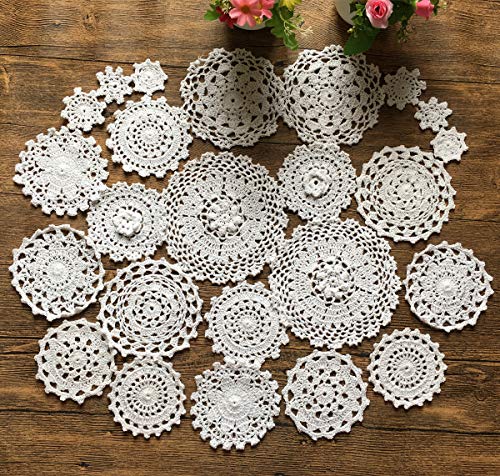 MINDPLUS Lot de 24 Napperons au Crochet à la Main Napperons en Dentelle au Crochet en Coton Napperon de Table 5 à 18 cm Rond Blanc Vintage Mariage Tea Party...