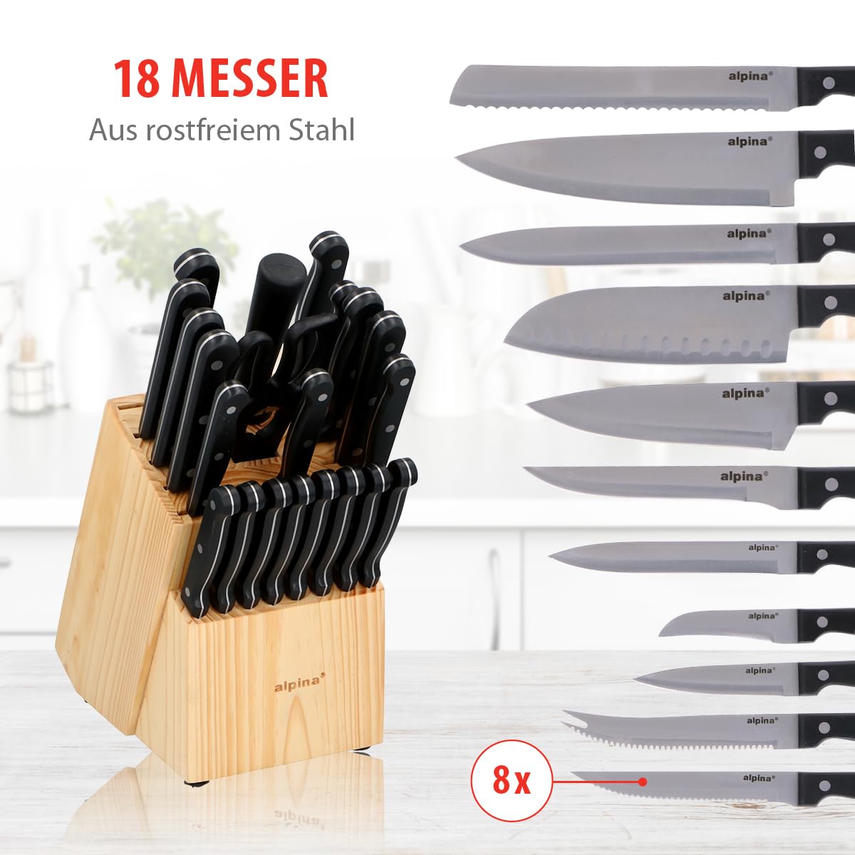 alpina Messerblock 22-Teilig - Messerset mit Block - Küchenmesser Set - 18 Verschiedener Messer - Inkl. Schärfer und Schere mit Antihaftbeschichtung - 21 x 15 x 22 CM - Messerblock aus Holz