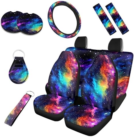 Colorful Starry Sky Print Car Seat Covers, Rainbow Art Galaxy Outer Space Universe Pattern Front Back Seat Cover Set of 10 Pack Ultra-Soft Universal Fit for Cars