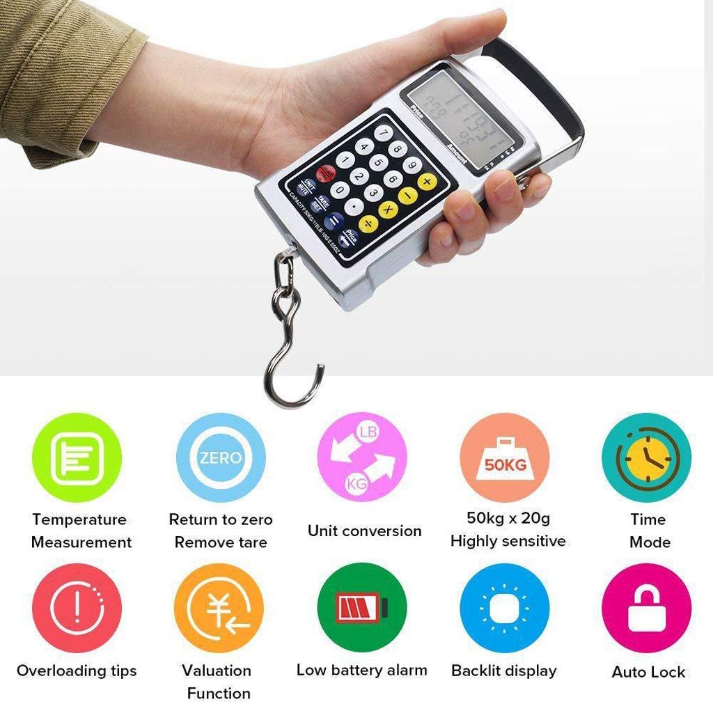 Bilance da cucina, bilance da pesca digitali, bilancia per bagagli LCD retroilluminata da 50 kg/110 libbre con funzione di calcolo del gancio Misuratore di nastro Scala dei prezzi multifunzione