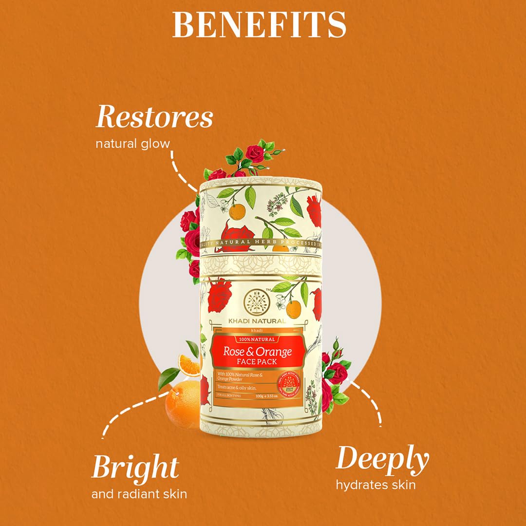 Khadi Natural Ayurvedic Rose and Orange Face Pack | For shining skin. Natural face pack for exfoliating skin | Free from rigid chemicals. Suitable for all types of all types. 100 grams Khadi Natural Ayurvedic Rose and Orange Face Pack | For shining skin. Natural face pack for exfoliating skin | Free from rigid chemicals. Suitable for all types of all types. 100 grams