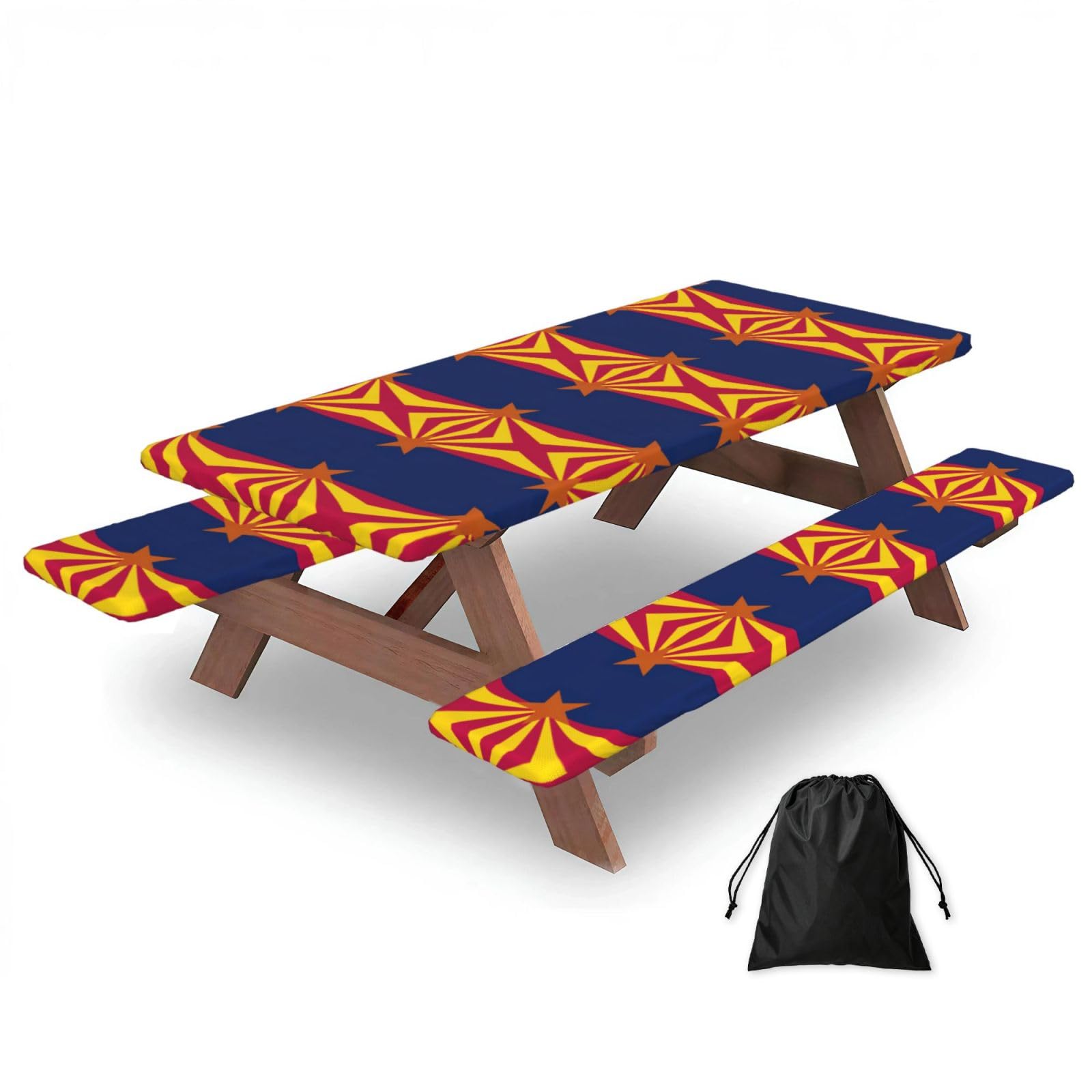 Arizona State Flag Print 183cm Picnic Table Cover With Bench Covers, Waterproof Elastic Tablecloth Set For Outdoor