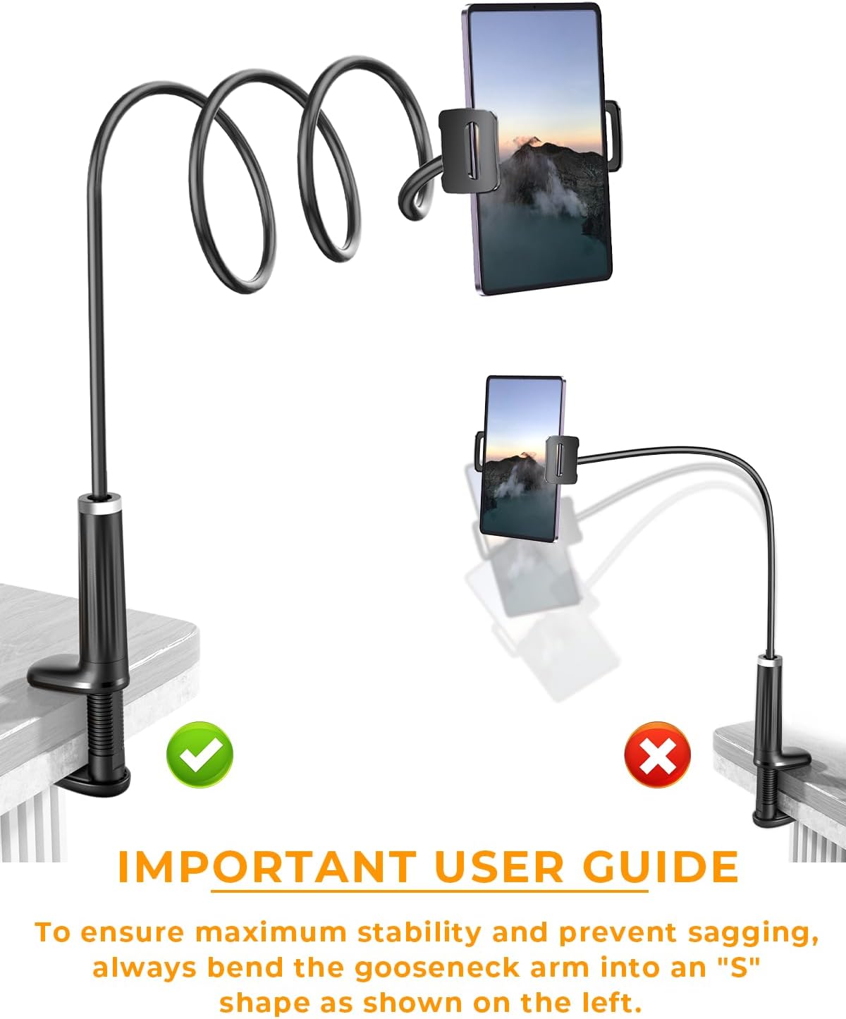 42" Long Arm Tablet Holder for Bed with 360° Rotating Base: Flexible Gooseneck Stand Compatible with iPad Pro Air Mini | Kindle | Switch & Other 4–13" Devices