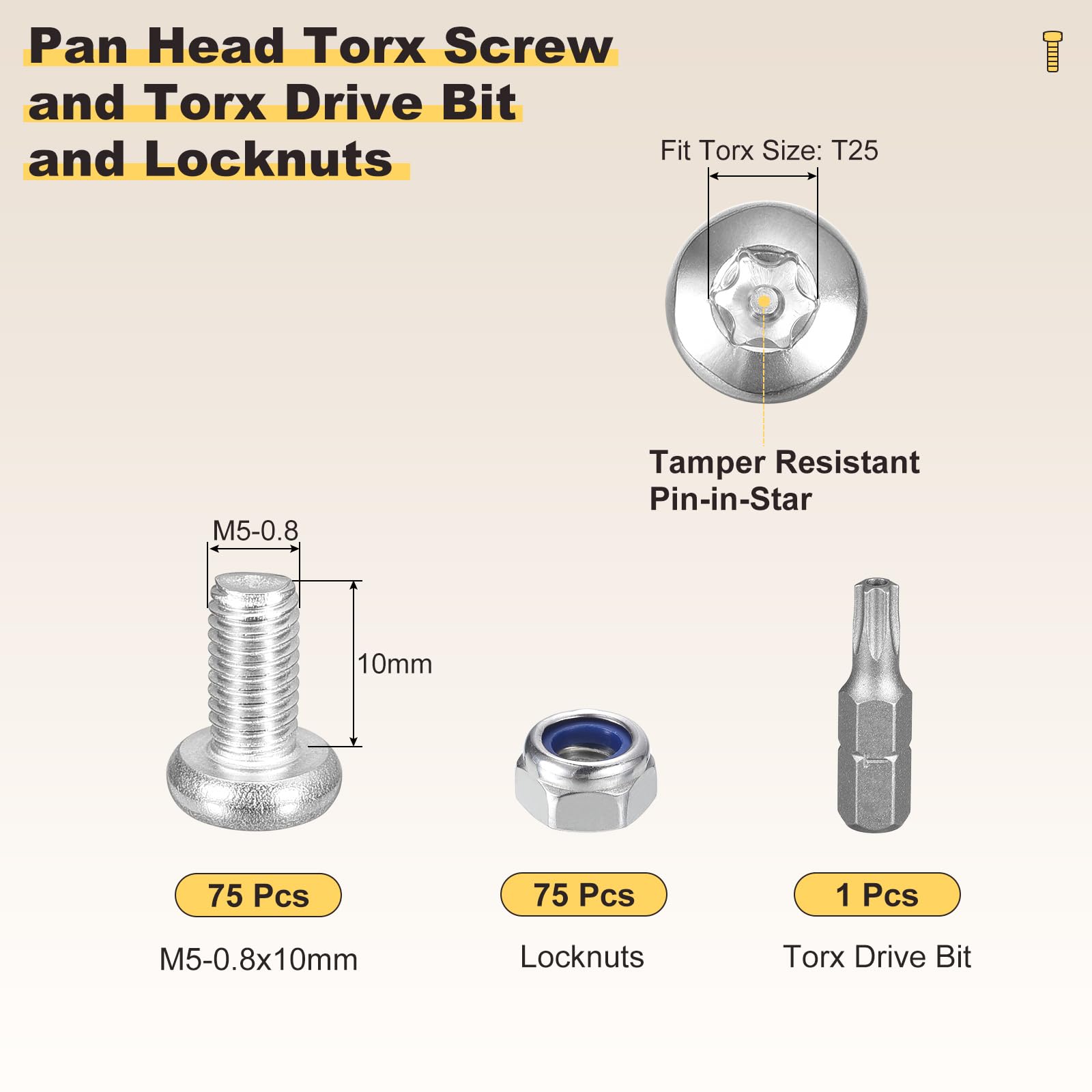 METALLIXITY Pan Head Torx Screws (M5-0.8x10mm) 150pcs with Locknuts and Torx Drive Bit Kit, Button Head Machine Screws - Image 2