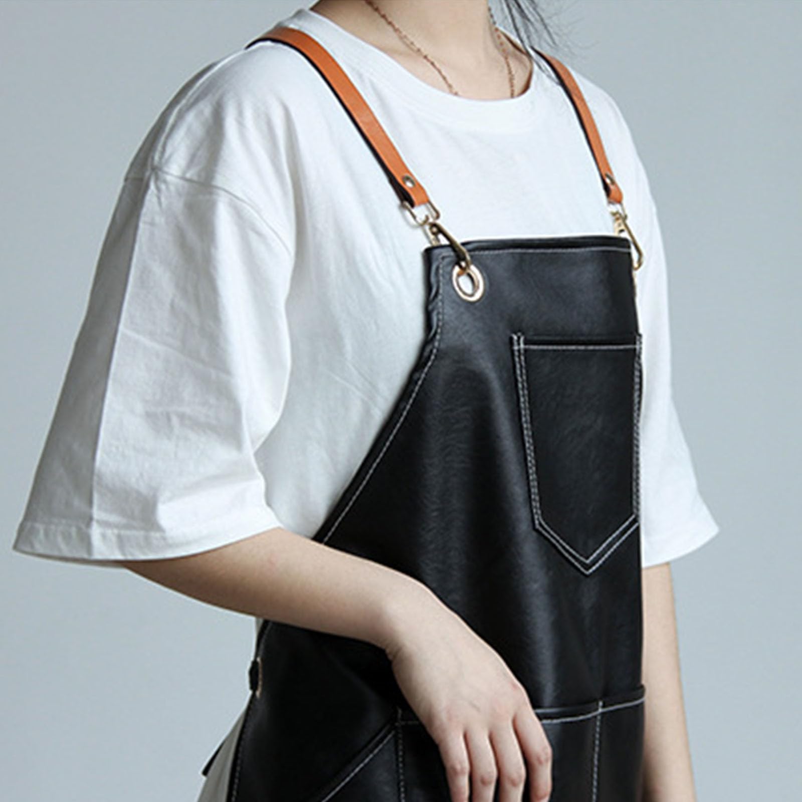Grembiule da Lavoro in Pelle Regolabile Incrociato sulla Schiena Grembiuli Impermeabili con 3 Tasche per Uomo E Donna Adatto per Ristoranti Camerieri Parrucchieri Black,One Size