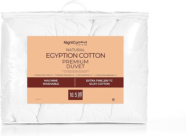 NightComfort 10.5 TOG Luxury Hotel Quality Duvet for All Seasons - Non-Allergenic Egyptian Cotton Fabric Quilt with Hollowfibre Filled Kingsize Duvet Insert