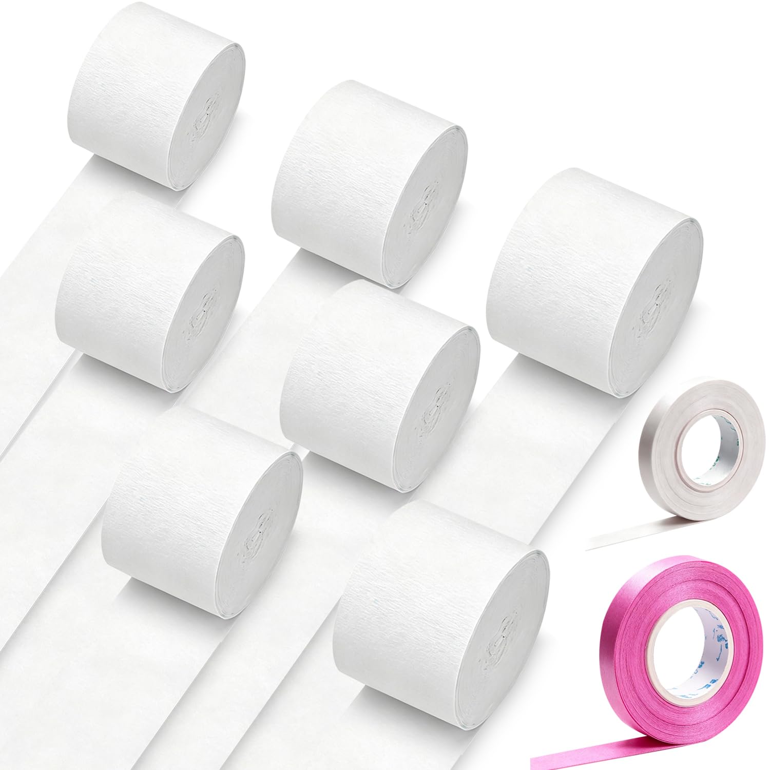 Crepe Paper Streamer Rolls, 7 Rolls Paper Streamers Included Double-Sided Tape+Satin Ribbons for Birthday Wedding Backdrop Holiday Party Decorations (White)