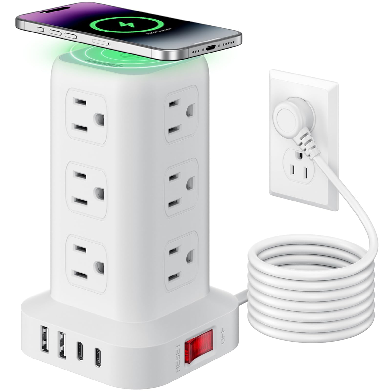 Extension Cord with Multiple Outlets, SMALLRT Power Strip Tower, Outlet Extender with 12 AC Outlets 4 USB, 6.5FT Extension Cord for Home Dorm Room, Office Supplies,Overload Protection