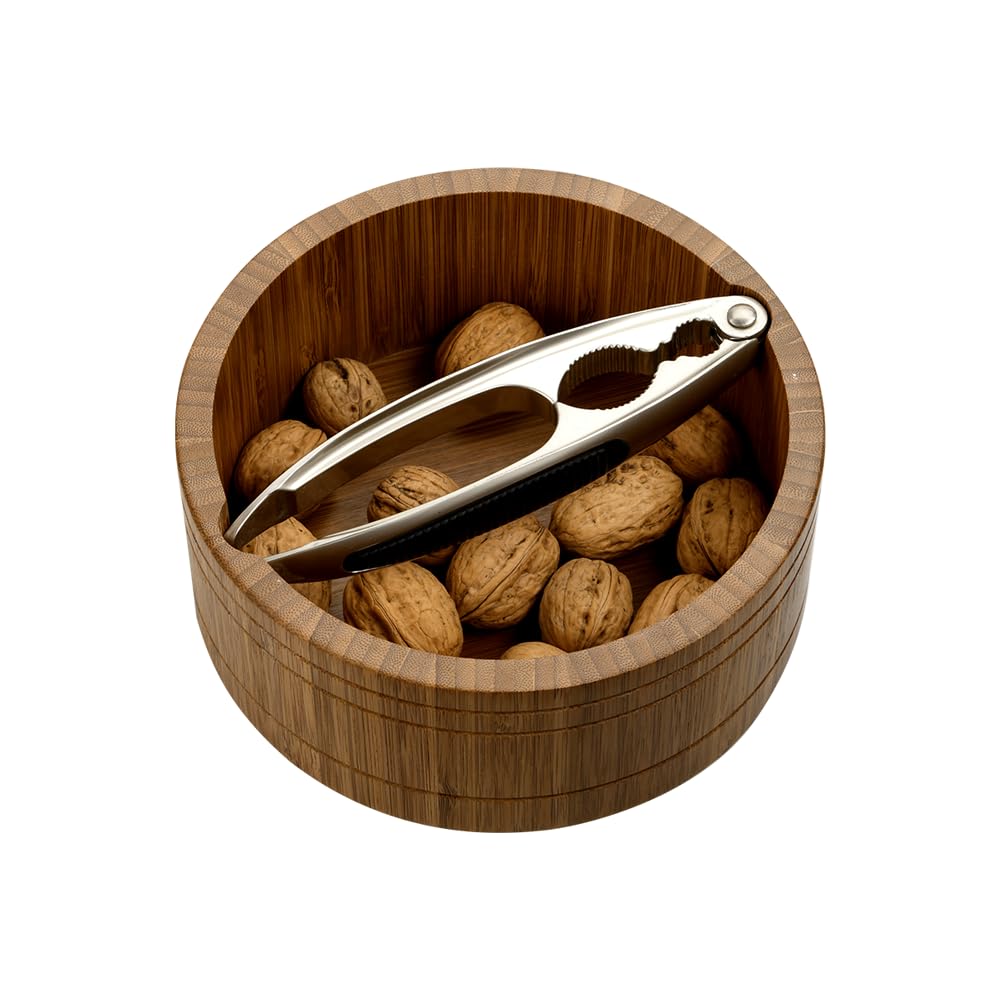 Kesper 59822 Nut Bowl with Nutcracker, Material: Bamboo, Stainless Steel, Dimensions: Diameter 17 cm, Height: 7 cm, Thickness: 11 mm, Colour: Brown, Silver