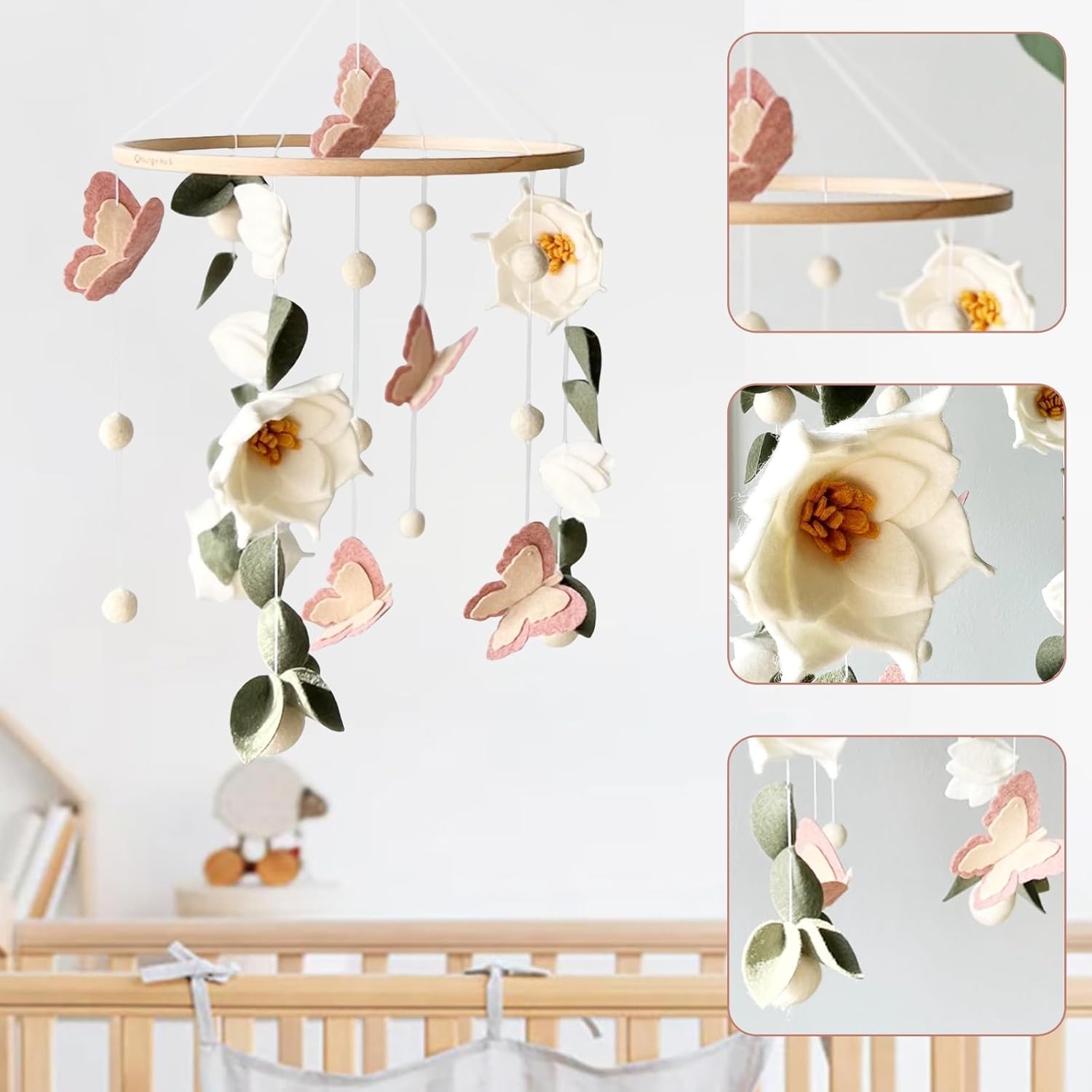 Floral Baby Mobile Nursery Decor Felt Flowers Butterflies Baby Mobile for Crib Boys Girls Boho Style Neutral Baby Gift Hanging for Nursery Decor Accessories