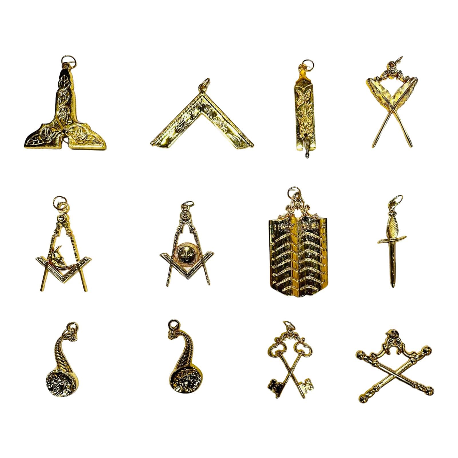 JEVVY CRAFTSSet of 12 Masonic Blue Lodge Officer Collars with Elegant Gold Jewels - Official Regalia for Lodge Leadership