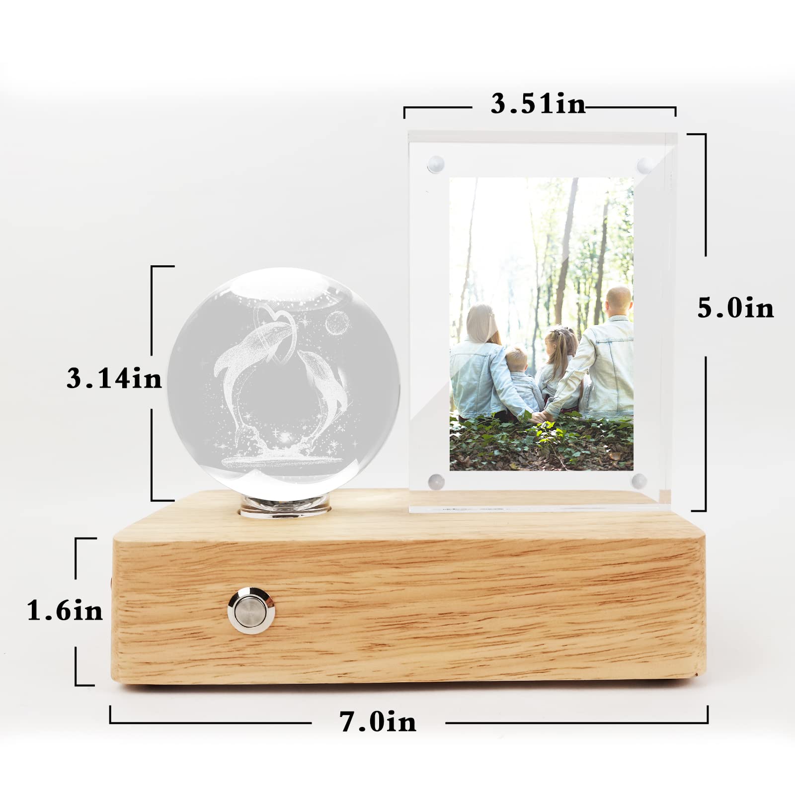 3D Dolphin Crystal Ball with Multifunctional Wood Base, 3.5x5 Picture Frame, Anniversary Birthday Gifts for Her Girlfriend Boyfriend Wife, Valentines Mothers Christmas Gift Present Tabletop Home Decor