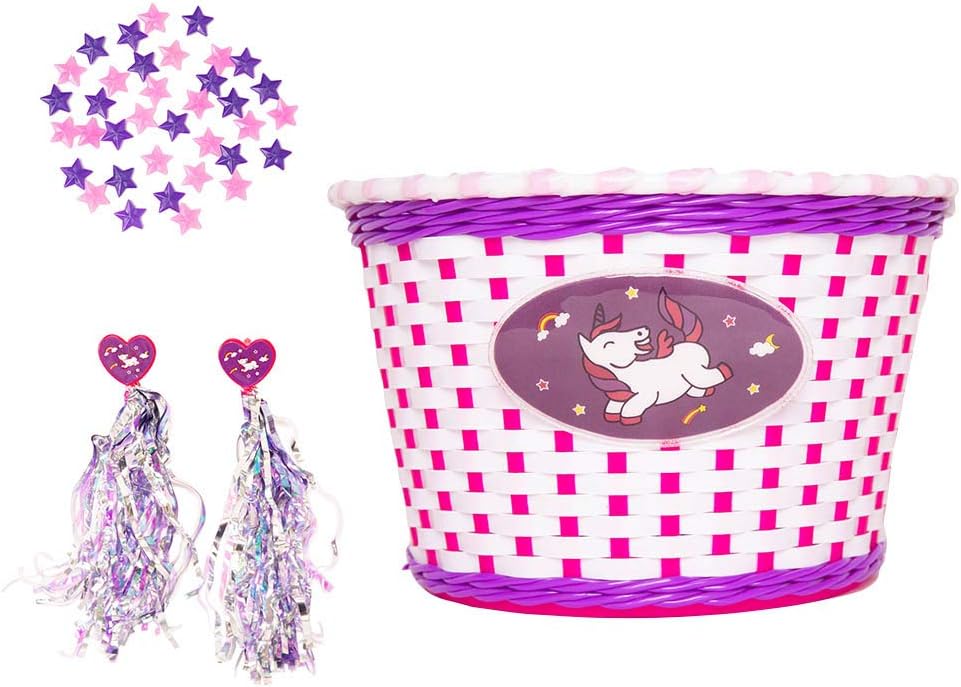 Little Jupiter Unicorn Bike Basket, Streamers, & 36pc Star Spoke Decoration Set for Girls (White/Purple with Red Heart) : Sports & Outdoors