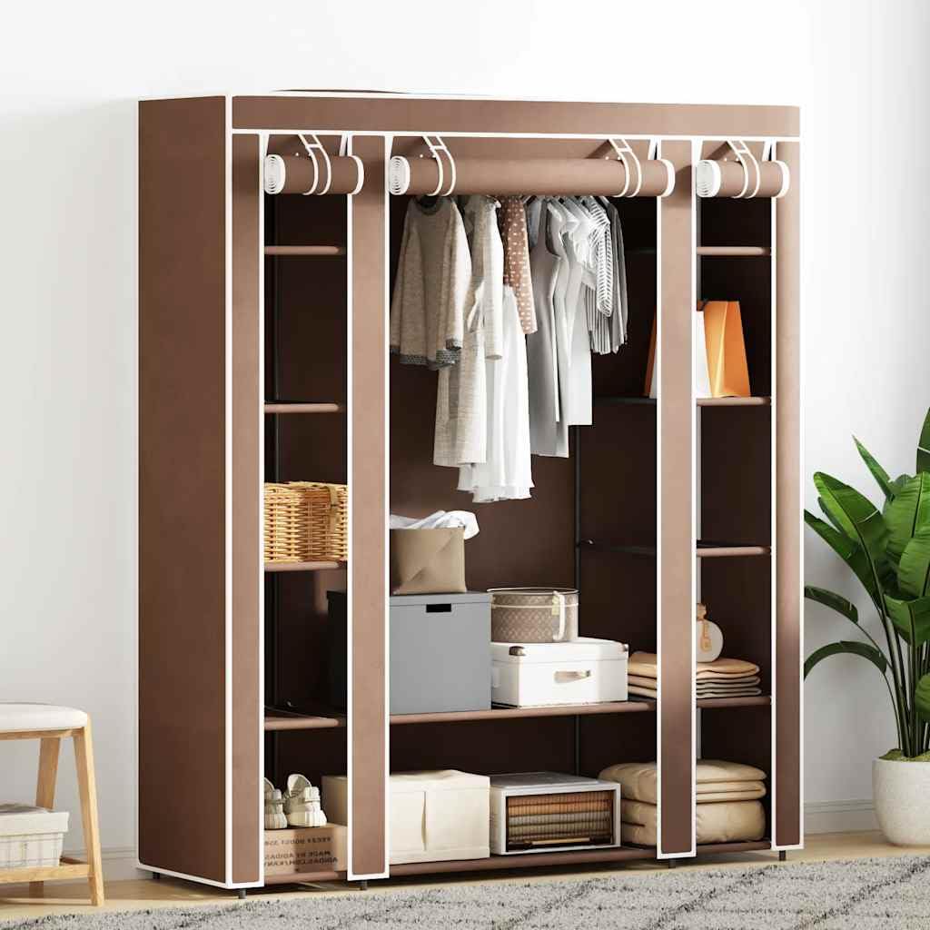 Tragbarer Faltschrank aus Vliesstoff mit Fächern und Stangen, 45×150×176 cm, Braun – schützt Kleidung und Schuhe vor Staub und Schmutz im Keller, Schlafzimmer oder beim Campen.