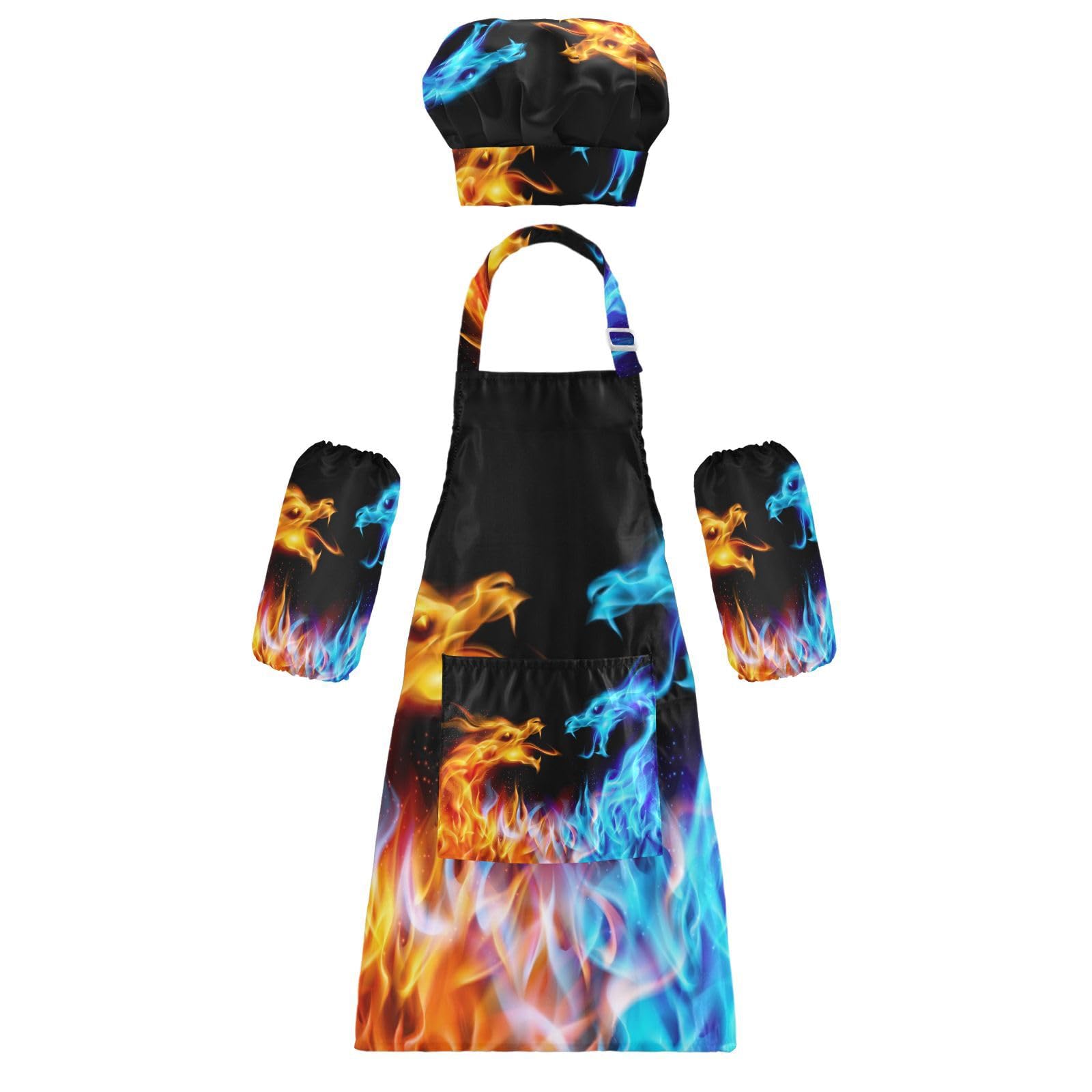 Mnsruu Kids Chef Hat and Apron for Cooking Blue Red Fiery Dragons Cooking Aprons Toddler Chef Hat Boys Girls Child Apron with Pockets Waterproof