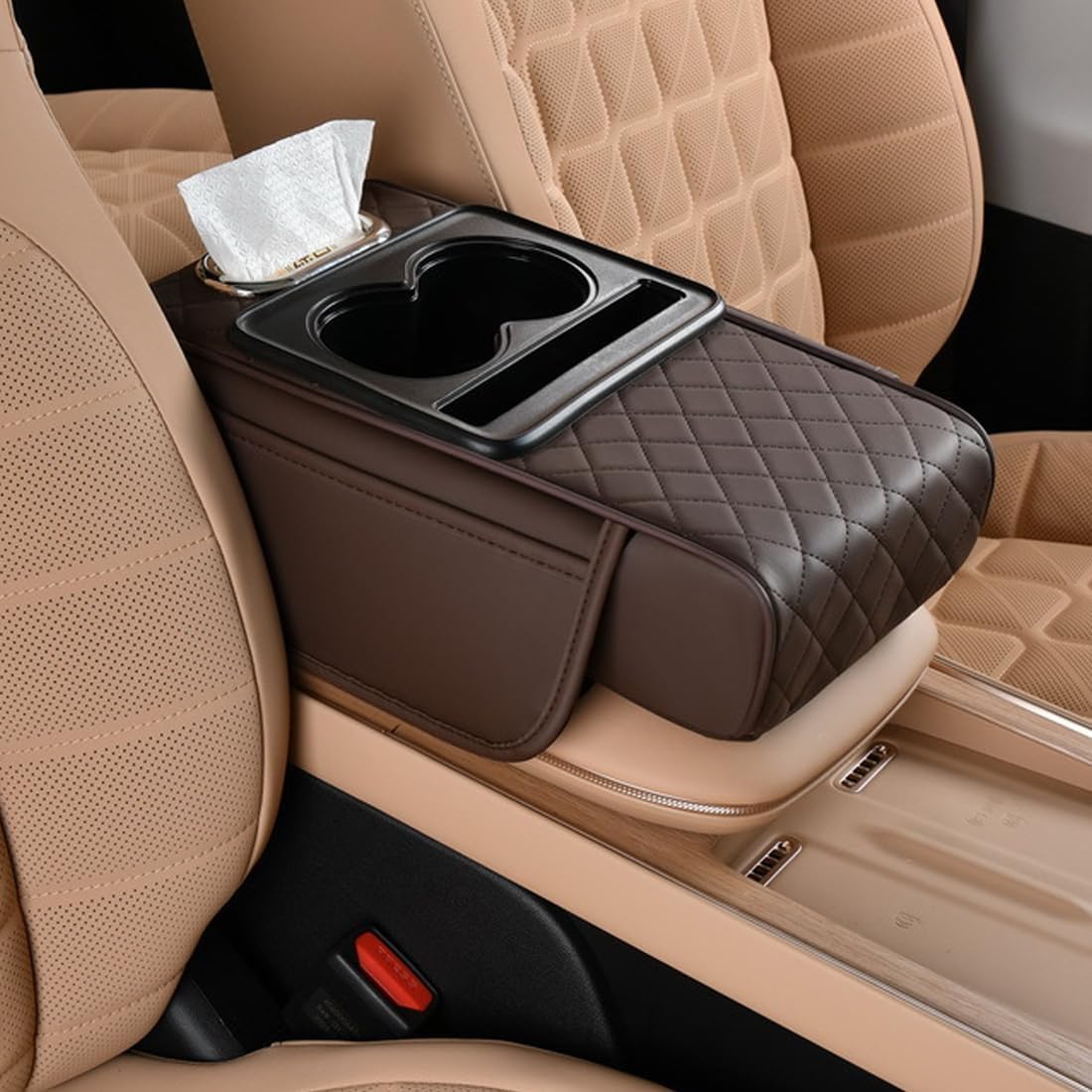 SIAGO SIA399 Premium Car Armrest Cover | 5-in-1 Center Console Organizer with Cup Holder, Phone Slot, & Storage Bags | Anti-Slip PU Leather Cushion for Sedans & SUVs (Brown)-image-41