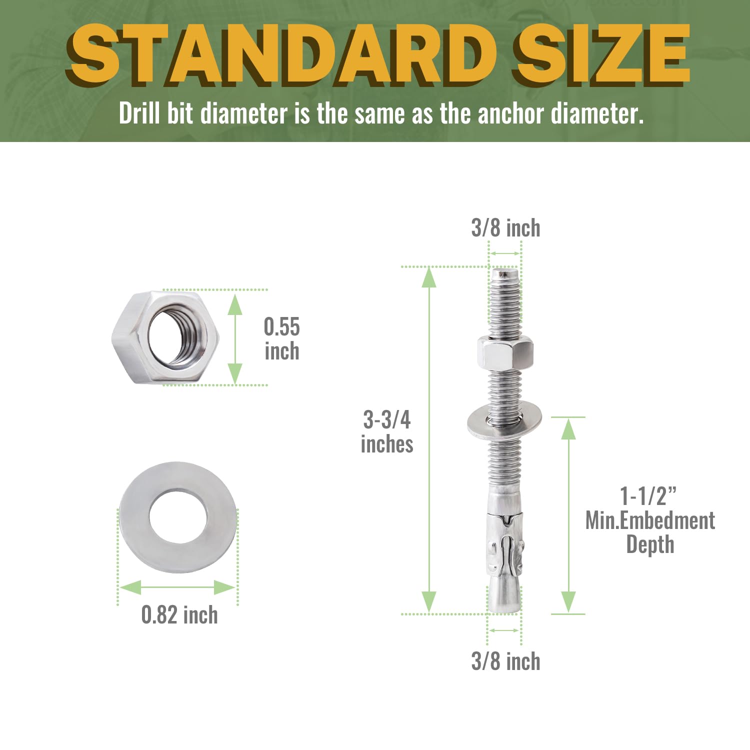 LIONMAX Stainless Steel Concrete Anchor Bolts 3/8" x 3-3/4 Inch, 20-Pack Wedge Anchors for Concrete Cement Wall Base Bracket, Rust and Corrosion Resistant