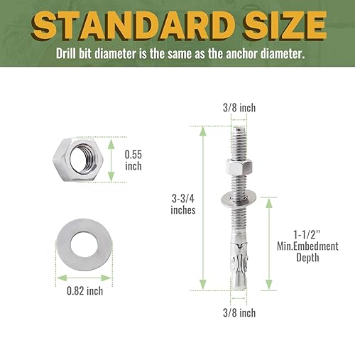 Miniatura 22 de LIONMAX Pernos de anclaje de hormigón de acero inoxidable de 3/8 pulgadas x 3 pulgadas, paquete de 12 anclajes de cuña para soporte de base de pared