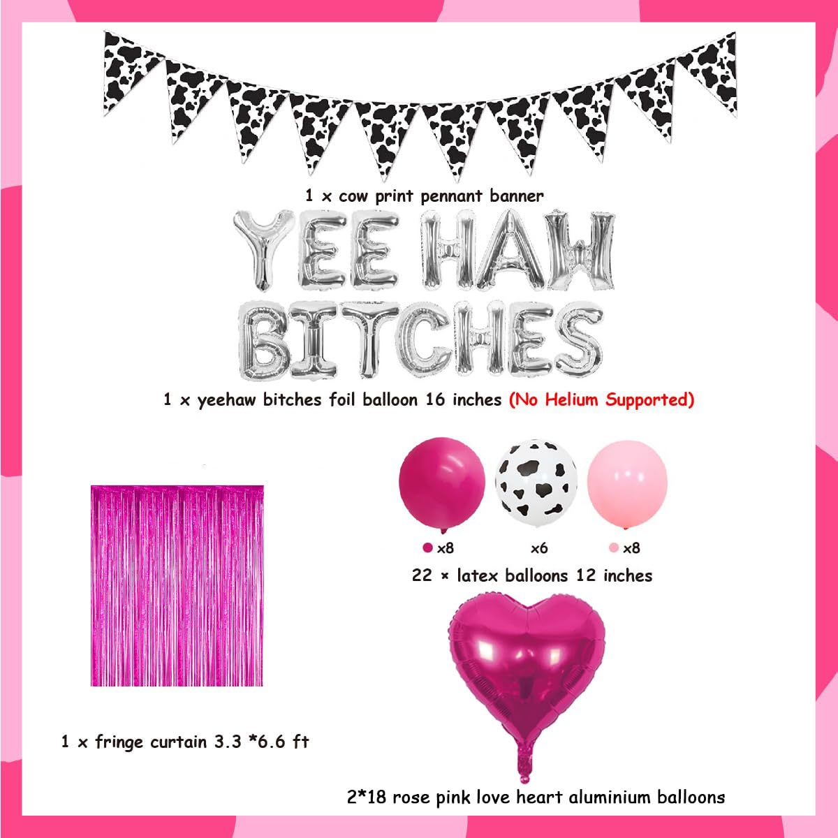 Sursurprise Western Hen Party Decorations, Silver Yeehaw Bitches Balloon Cow Print Pennant Banner - Image 2