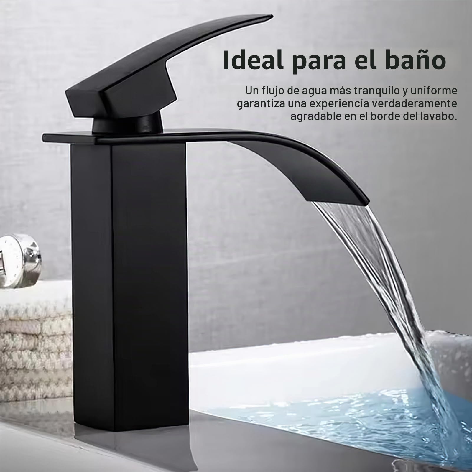 Grifo de cascada y lavabo, caño cascada, acero inoxidable, caliente y frío, vertical, altura 24,5 cm