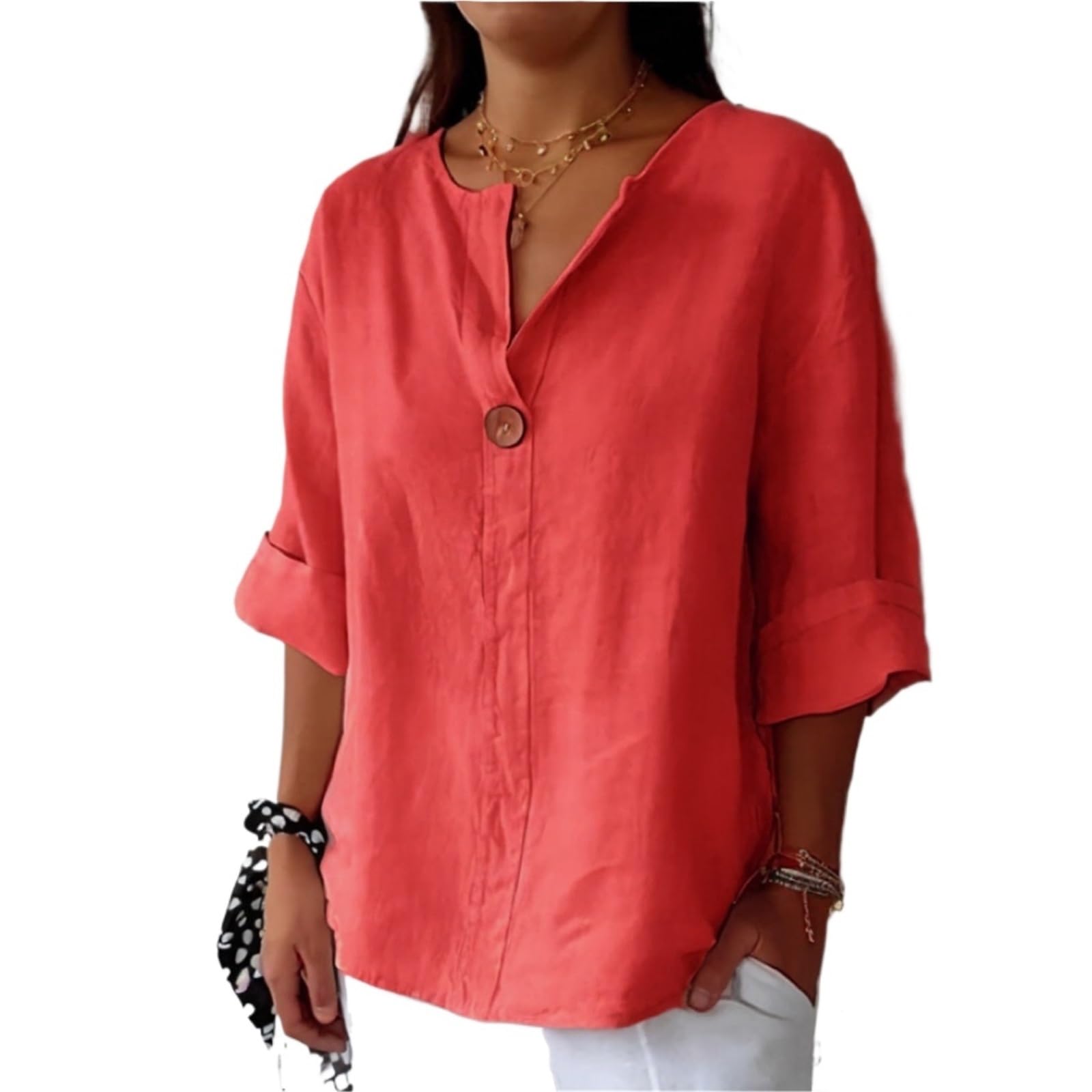 Copricostume Donna Camicie Da Donna Camicette Magliette Con Scollo A V | Pullover ampio in lino casual con maniche a 3/4(Red,M)